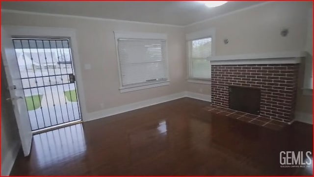unfurnished living room with plenty of natural light, baseboards, and a fireplace