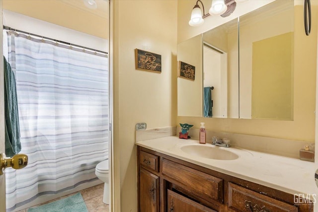 full bath featuring curtained shower, vanity, toilet, and tile patterned floors