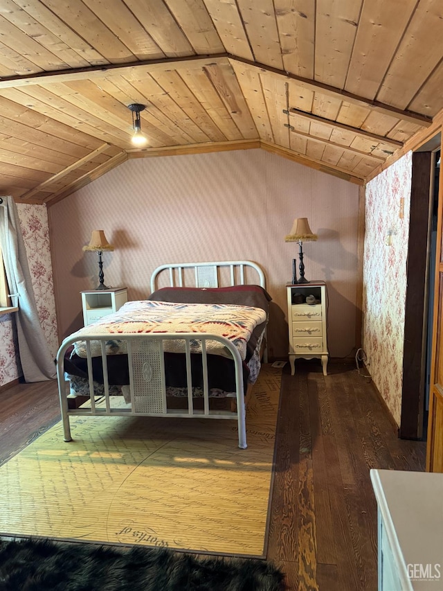 1 Jasper Ave, Rosamond, CA 93561 - bedroom featuring wallpapered walls, wood ceiling, dark wood-type flooring, and vaulted ceiling