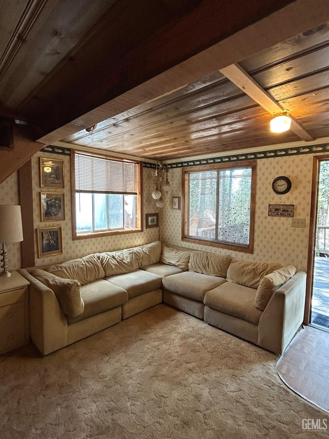 48718 Sugarpine Trl, Posey, CA 93260 - living area featuring wallpapered walls, wooden ceiling, carpet flooring, and healthy amount of natural light