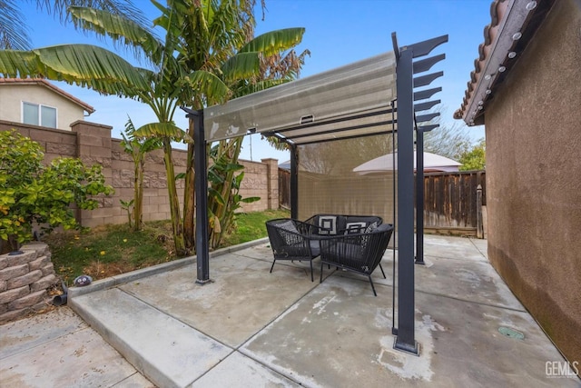 view of patio / terrace featuring a fenced backyard, outdoor lounge area, and a pergola