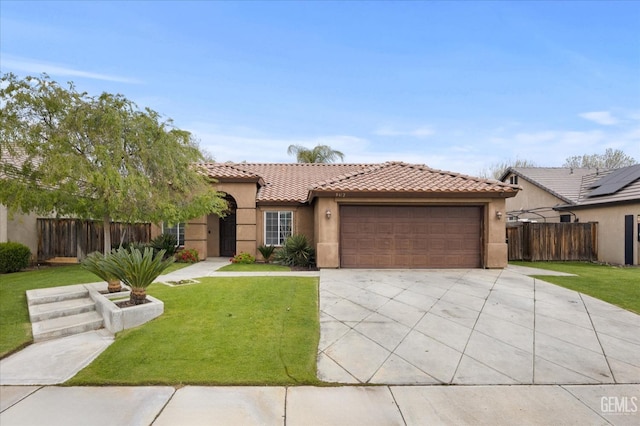 mediterranean / spanish-style home with a garage, stucco siding, a tiled roof, and a front yard