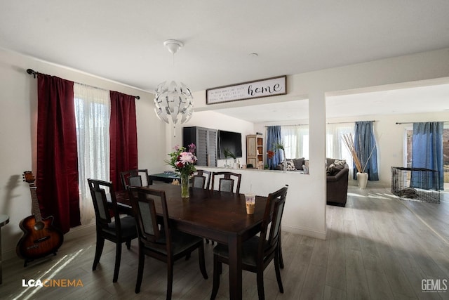 dining room with wood-type flooring and a chandelier