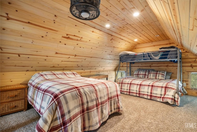 45985 Ridge Rd, Posey, CA 93260 - carpeted bedroom featuring wooden walls, recessed lighting, lofted ceiling, and wood ceiling