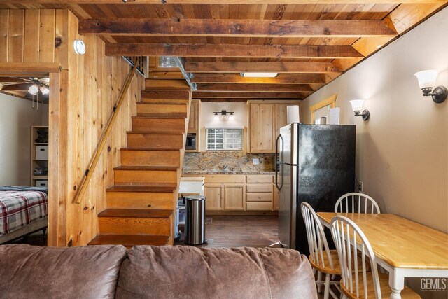 45985 Ridge Rd, Posey, CA 93260 - kitchen featuring beamed ceiling, light brown cabinetry, wooden ceiling, and freestanding refrigerator