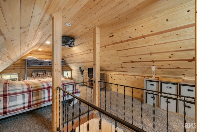 45985 Ridge Rd, Posey, CA 93260 - unfurnished bedroom featuring vaulted ceiling, wooden ceiling, wood walls, and carpet floors