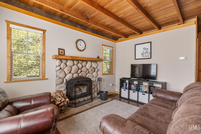 45985 Ridge Rd, Posey, CA 93260 - living room with wood ceiling, beamed ceiling, baseboards, a fireplace, and wood finished floors