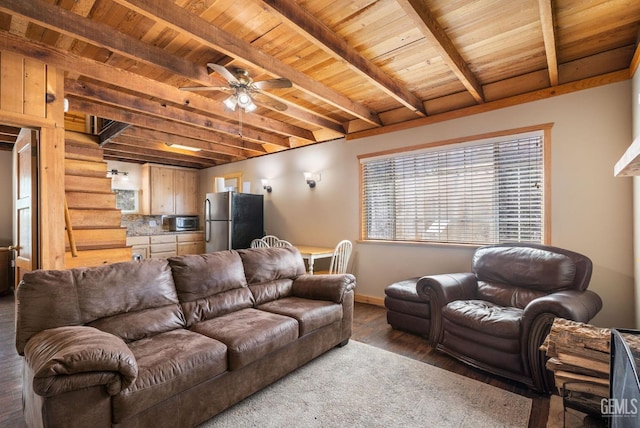 45985 Ridge Rd, Posey, CA 93260 - living area featuring baseboards, beam ceiling, wooden ceiling, wood finished floors, and a ceiling fan