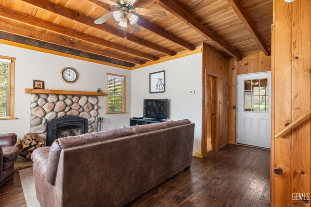 45985 Ridge Rd, Posey, CA 93260 - living area with wood ceiling, a fireplace, dark wood-style floors, and beamed ceiling