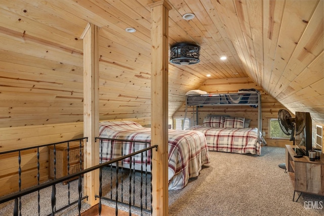 45985 Ridge Rd, Posey, CA 93260 - bedroom with lofted ceiling, wooden ceiling, wooden walls, recessed lighting, and carpet