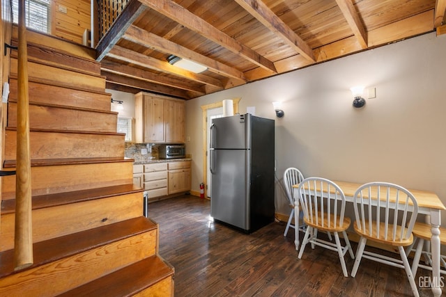 45985 Ridge Rd, Posey, CA 93260 - kitchen with wood ceiling, dark wood-style flooring, stainless steel appliances, and beamed ceiling