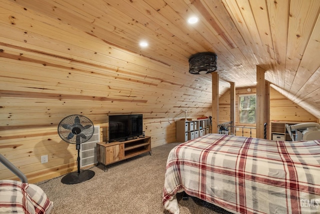 45985 Ridge Rd, Posey, CA 93260 - bedroom featuring wood walls, carpet, lofted ceiling, and wooden ceiling