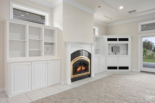 1904 Wedgemont Pl, Bakersfield, CA 93311 - unfurnished living room with tile patterned flooring, a fireplace with flush hearth, crown molding, and baseboards
