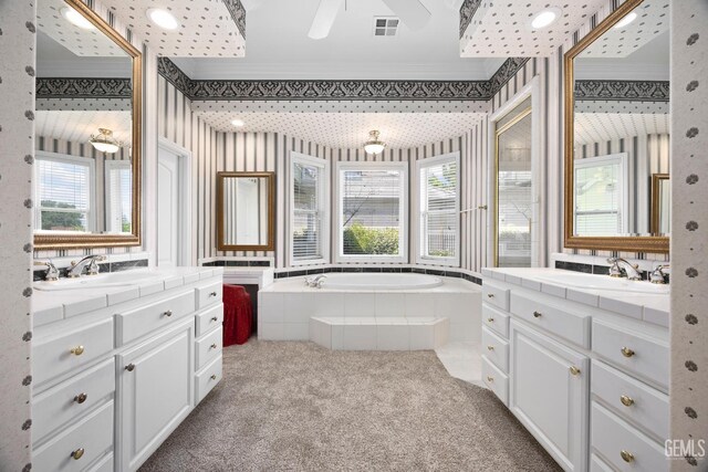 1904 Wedgemont Pl, Bakersfield, CA 93311 - full bath featuring crown molding, two vanities, a garden tub, and ceiling fan