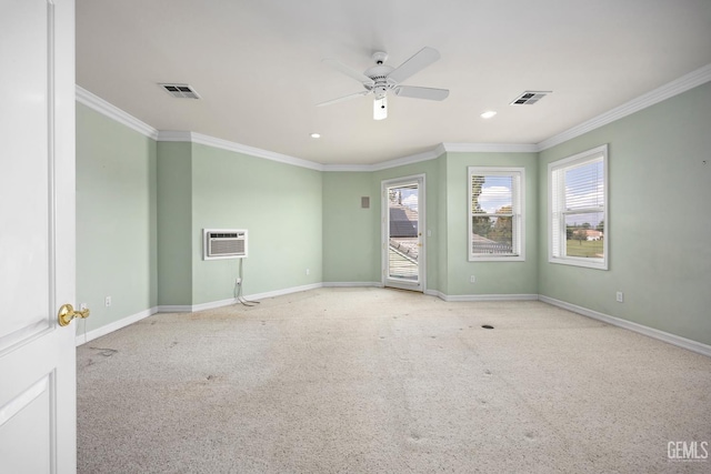 1904 Wedgemont Pl, Bakersfield, CA 93311 - carpeted empty room featuring crown molding, a ceiling fan, baseboards, recessed lighting, and a wall mounted AC