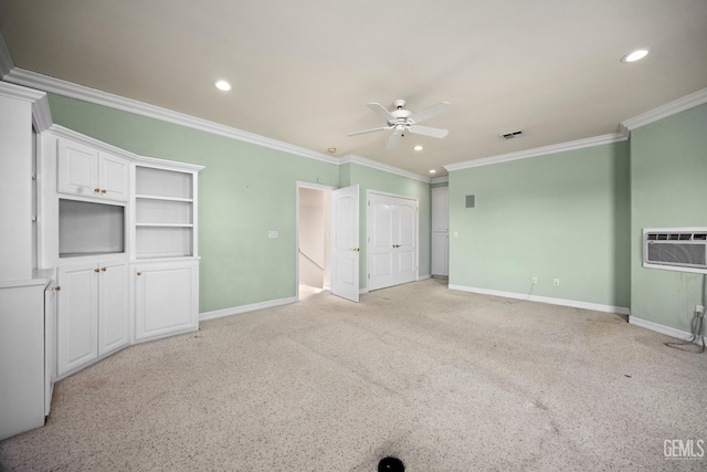 1904 Wedgemont Pl, Bakersfield, CA 93311 - unfurnished bedroom featuring ornamental molding, recessed lighting, baseboards, ceiling fan, and a wall unit AC