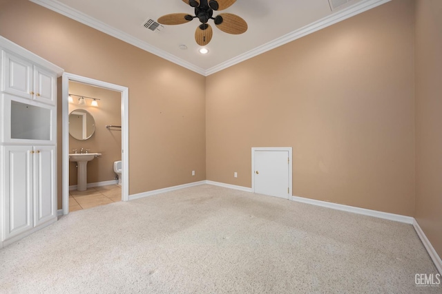 1904 Wedgemont Pl, Bakersfield, CA 93311 - unfurnished bedroom with light carpet, ornamental molding, baseboards, ensuite bathroom, and a sink