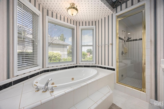 1904 Wedgemont Pl, Bakersfield, CA 93311 - full bath featuring wallpapered walls, a shower stall, a whirlpool tub, and healthy amount of natural light