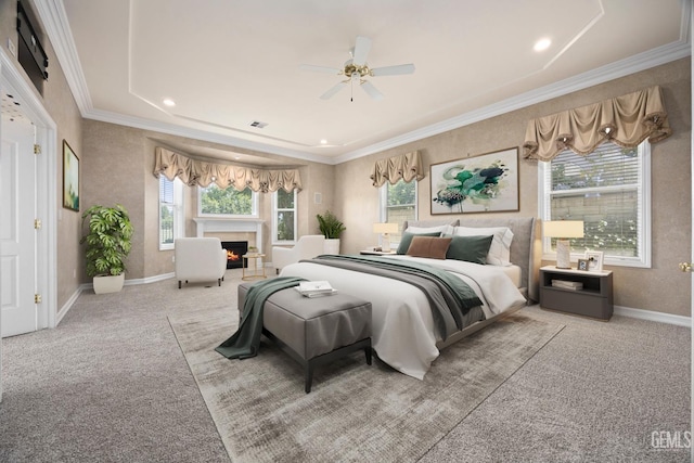 1904 Wedgemont Pl, Bakersfield, CA 93311 - bedroom featuring baseboards, light colored carpet, a warm lit fireplace, and ornamental molding