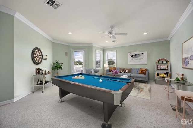 1904 Wedgemont Pl, Bakersfield, CA 93311 - game room featuring carpet floors, a ceiling fan, billiards, baseboards, and crown molding