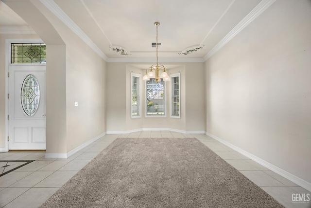 1904 Wedgemont Pl, Bakersfield, CA 93311 - foyer with light tile patterned flooring, a chandelier, crown molding, and baseboards