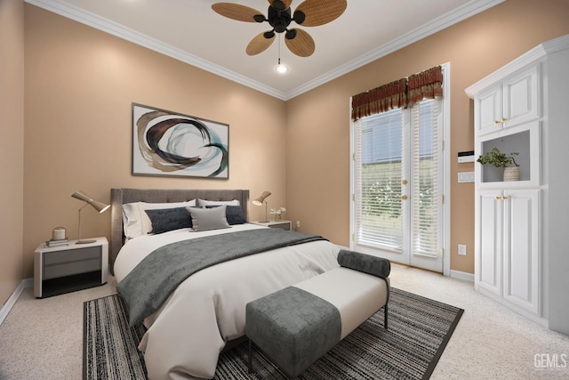 1904 Wedgemont Pl, Bakersfield, CA 93311 - bedroom with light carpet, access to outside, ornamental molding, baseboards, and a ceiling fan