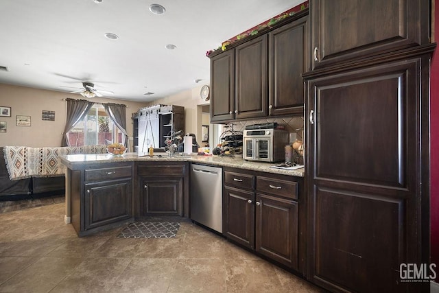 kitchen with backsplash, kitchen peninsula, ceiling fan, stainless steel dishwasher, and dark brown cabinets