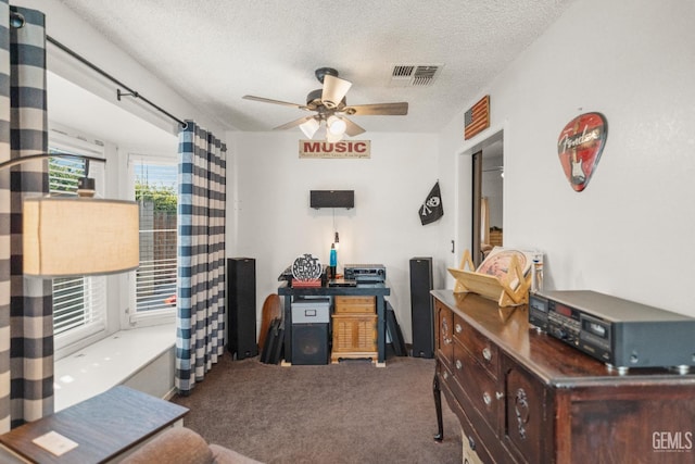 404 Mckinley St, Taft, CA 93268 - home office featuring a textured ceiling, carpet floors, and a ceiling fan