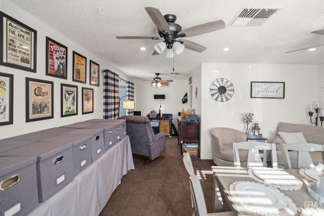 404 Mckinley St, Taft, CA 93268 - dining area featuring a ceiling fan, dark carpet, a textured ceiling, and recessed lighting