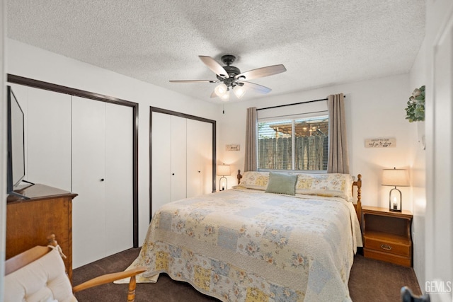404 Mckinley St, Taft, CA 93268 - carpeted bedroom with two closets, a textured ceiling, and a ceiling fan