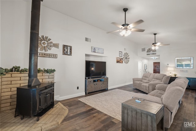 404 Mckinley St, Taft, CA 93268 - living area featuring a wood stove, dark wood finished floors, and ceiling fan