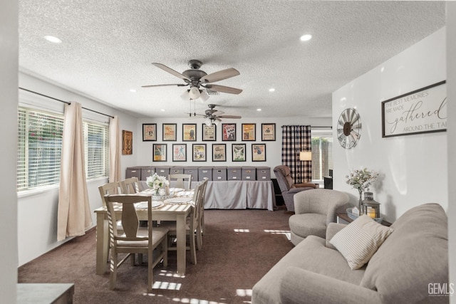 404 Mckinley St, Taft, CA 93268 - dining area with carpet floors, ceiling fan, a textured ceiling, and recessed lighting