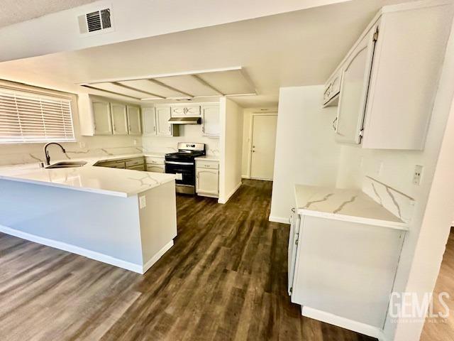 kitchen featuring visible vents, a peninsula, stainless steel electric stove, under cabinet range hood, and a sink