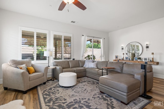 9700 Kingsport Pl, Bakersfield, CA 93306 - living room featuring ceiling fan, wood finished floors, and baseboards