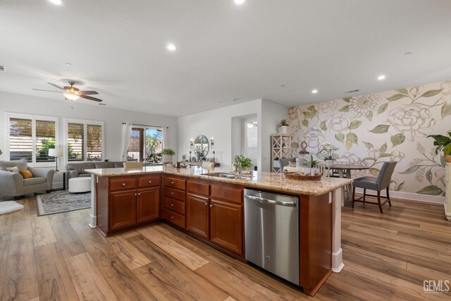 9700 Kingsport Pl, Bakersfield, CA 93306 - kitchen featuring stainless steel dishwasher, open floor plan, wood finished floors, recessed lighting, and ceiling fan