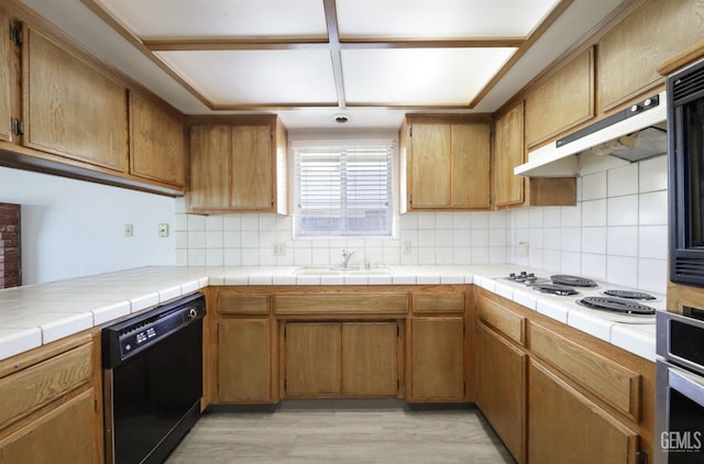 kitchen with black dishwasher, a sink, decorative backsplash, light wood-type flooring, and white electric stovetop