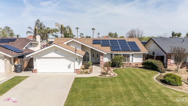 9812 Marilee Ave, Bakersfield, CA 93312 - ranch-style house featuring a garage, stucco siding, solar panels, concrete driveway, and roof with shingles