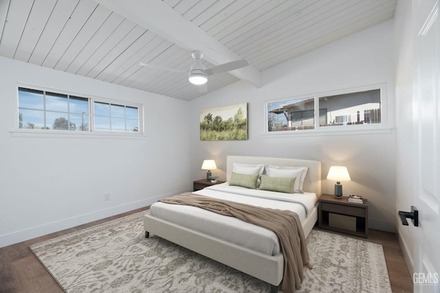 bedroom with baseboards, lofted ceiling with beams, ceiling fan, wood ceiling, and wood finished floors