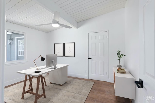 office area with lofted ceiling with beams, ceiling fan, wood ceiling, baseboards, and light wood finished floors