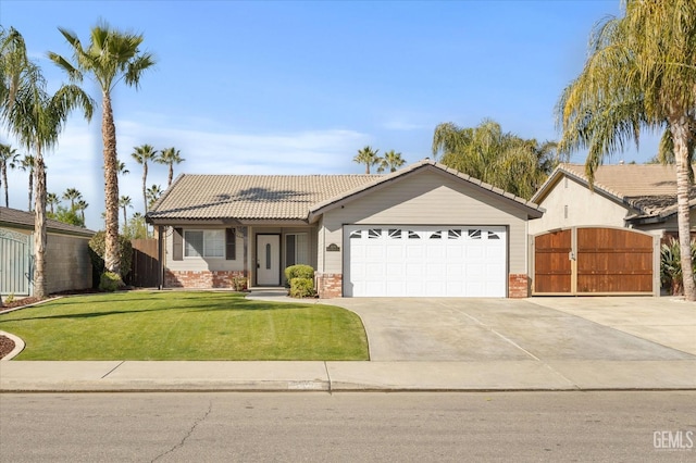 ranch-style house with a garage and a front lawn