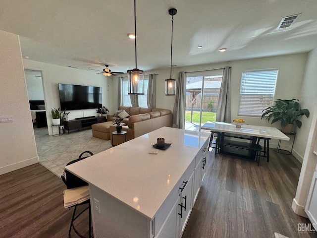 6722 Glacier Bay St, Bakersfield, CA 93313 - kitchen with healthy amount of natural light, dark wood finished floors, a center island, and recessed lighting
