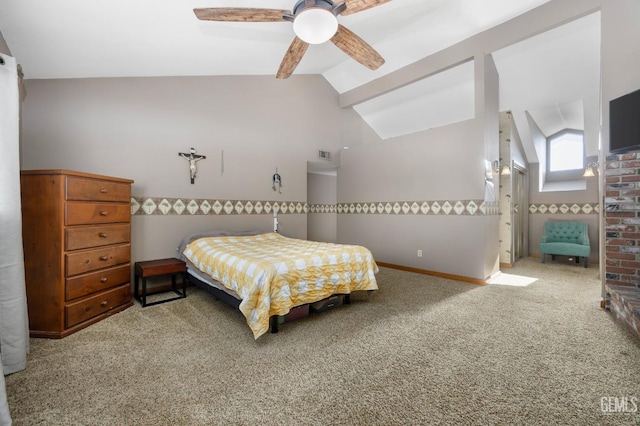 bedroom featuring carpet, ceiling fan, and vaulted ceiling