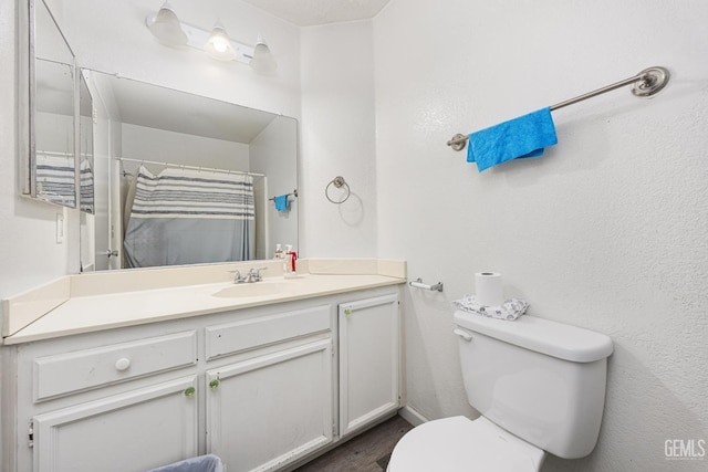 bathroom featuring vanity, toilet, and a shower with shower curtain