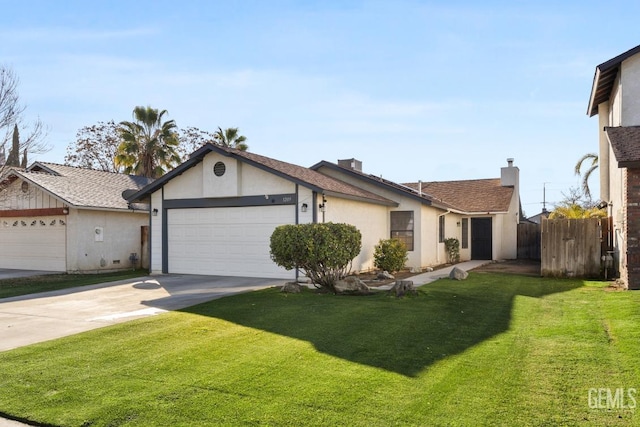 single story home with a garage and a front lawn