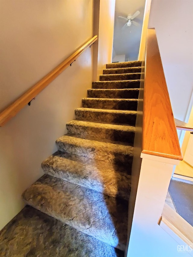 staircase featuring ceiling fan
