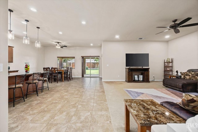 9510 Midnight Creek Way, Bakersfield, CA 93311 - living room featuring ceiling fan, recessed lighting, and light tile patterned floors