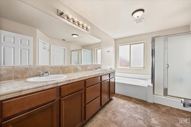 9510 Midnight Creek Way, Bakersfield, CA 93311 - bathroom with a shower stall, double vanity, a garden tub, and tile patterned flooring