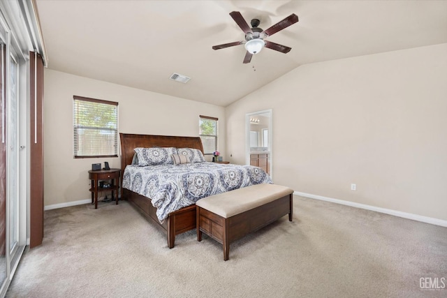 9510 Midnight Creek Way, Bakersfield, CA 93311 - bedroom featuring light colored carpet, vaulted ceiling, a ceiling fan, and ensuite bath