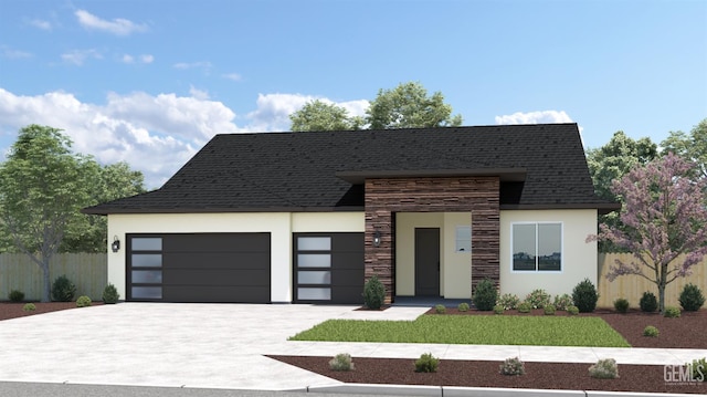 109 Lincoln Ln Unit Fr40, Delano, CA 93215 - modern home featuring a garage, stucco siding, driveway, stone siding, and a shingled roof