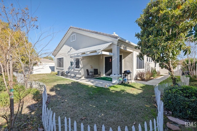 rear view of property with a patio area, a lawn, and a pergola